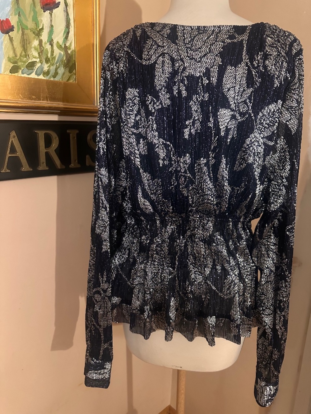 Like New Anthropologie XL Navy/Silver Metallic V-Neck Blouse - Picture 2 of 4